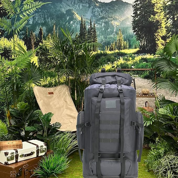 100L Hiking Camping Backpack MOLLE Rucksack Waterproof Daypack (Grey)