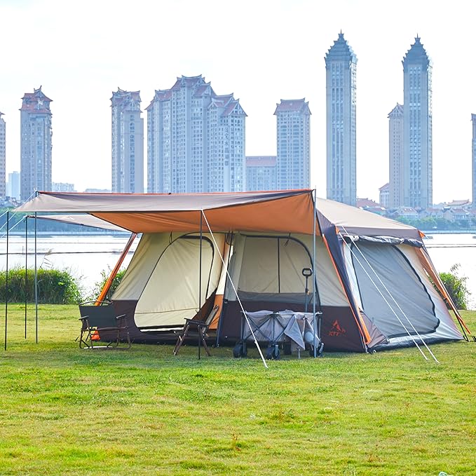 KTT Extra Large Tent 12 Person(A),Awning Family Cabin Tents,2 Rooms,4 Doors and 4 Windows with Mesh,Straight Wall,Waterproof,Double Layer,Big Tent for Outdoor,Picnic,Camping,Family Gathering。