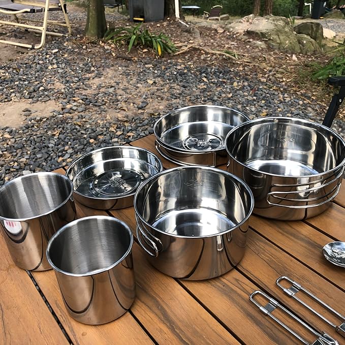 Camping Cookware Mess Kit Set 304 Stainless Steel 12-Piece Lightweight Backpacking Cooking Set Outdoor Cook Gear for Family Hiking, Picnic(Pot, Frying Pan, Bowl, Plate, Spoon, Fork)