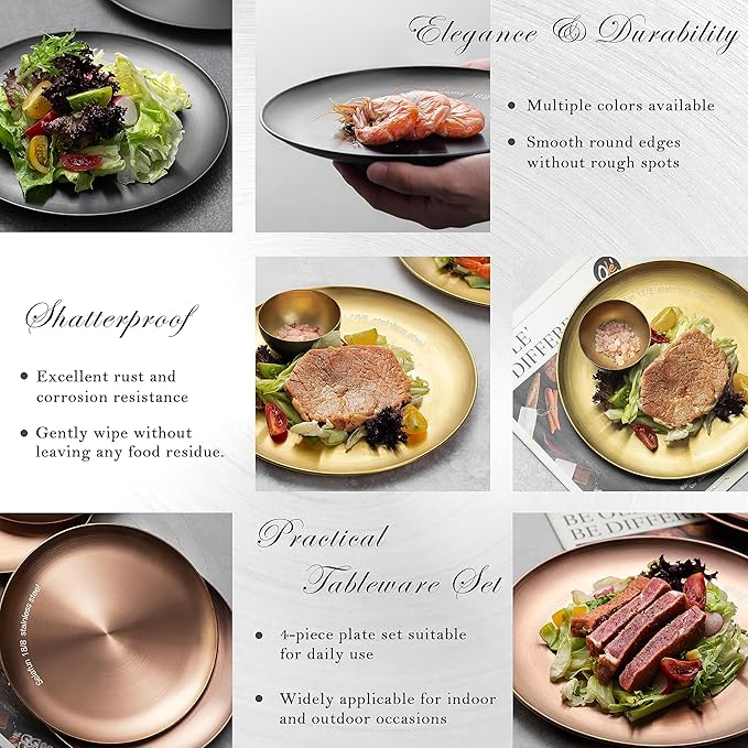 Stainless Steel Plates Metal 18/8 Round Dinner Plates - Set of 4 - Food-Grade Dishwasher Safe 9inch Salad Plates for Camping Kids Dining Outdoor (Gold)