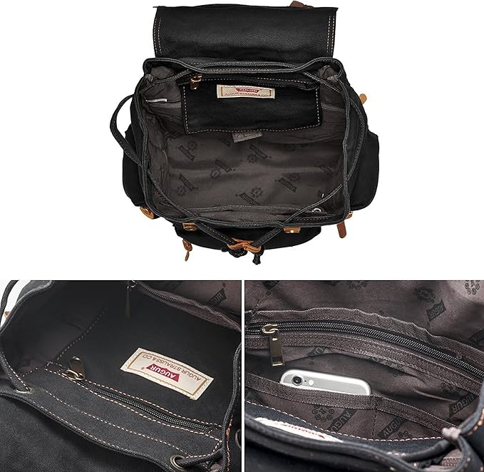 HuaChen Vintage Canvas Travel Backpack with Leather Trim, Laptop Padded Sleeve, Hidden Back Security Pocket, Fits 15-Inch, M32 Black Large