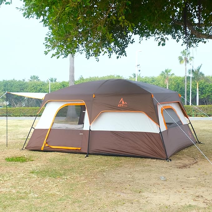 KTT Extra Large Tent 6-10-12-14 Person(B),Family Cabin Tents,2 Rooms,3 Doors and 3 Windows with Mesh,Straight Wall,Waterproof,Double Layer,Big Tent for Outdoor,Picnic,Camping,Family Gathering
