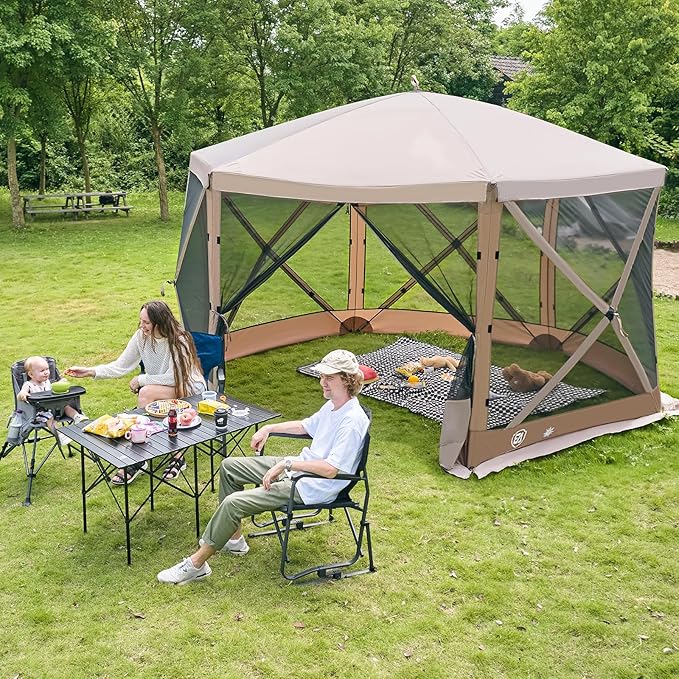EVER ADVANCED Pop Up Gazebo Screen House Tent for Camping 11.5 ft for 8-10 Person Instant Canopy Shelter with Netting Portable for Outdoor, Backyard, Brown