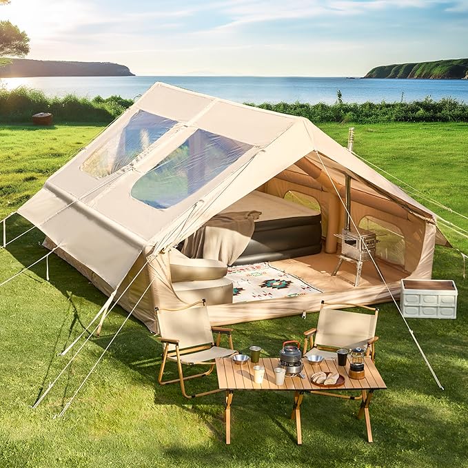 EROMMY 4/6/8/12 Person Inflatable Tent with Skylight, 4 Season Blow Up Tents with Hand Pump for Outdoor Camping & Hiking, Easy Set-up Windproof Sunproof Waterproof