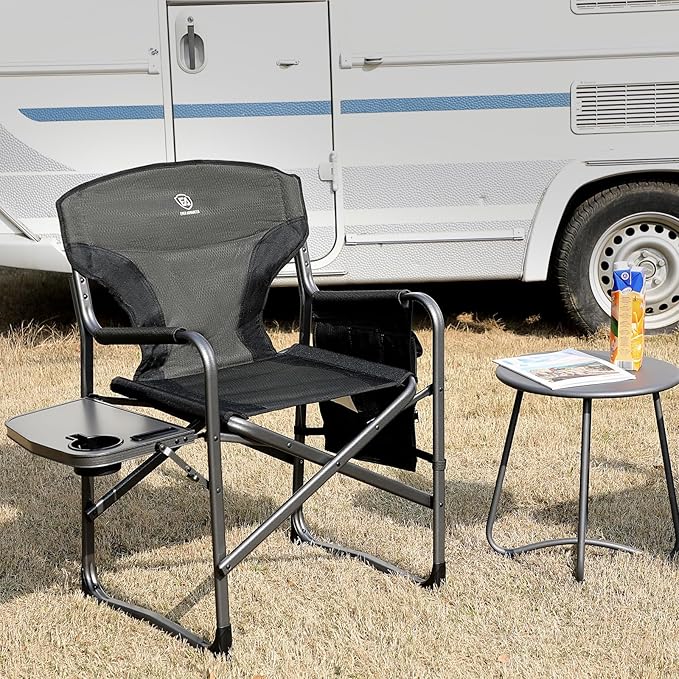 EVER ADVANCED Lightweight Folding Directors Chairs Outdoor, Aluminum Camping Chair with Side Table and Storage Pouch, Heavy Duty Supports 350LBS