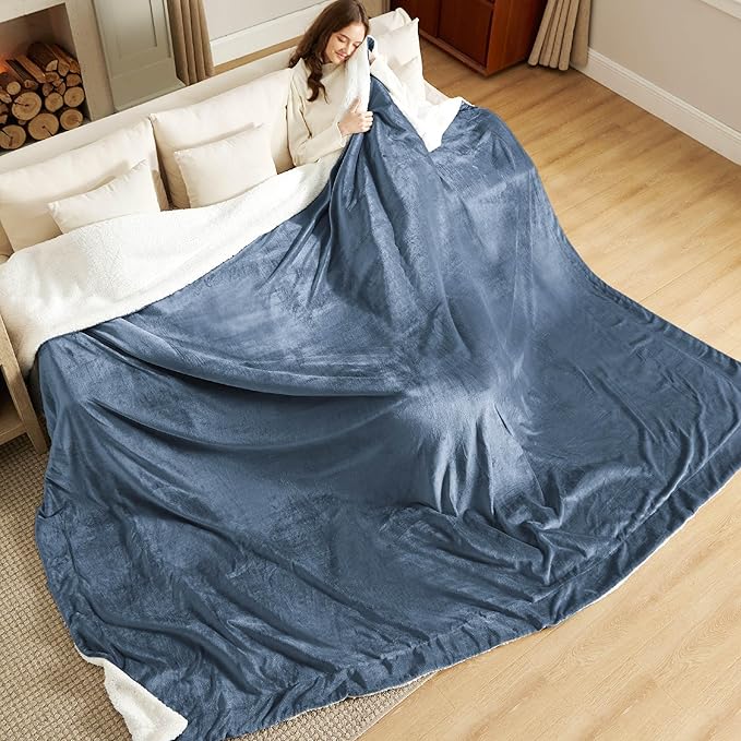 Bedsure GentleSoft Sherpa Fleece Oversized Cal King Blankets for Bed - Thick and Warm, Soft Fuzzy Plush Large Blanket for Winter, Slate Blue, 112x98 Inches