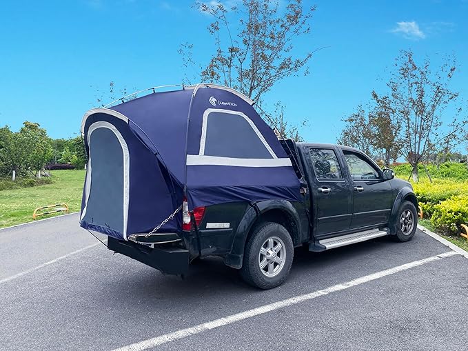 Pickup Truck Tent, Fit 5.5-6, 6.5ft Truck Bed, Waterproof PU3000 high Density Polyester Oxford, Windproof Pole and Insect-Prevention Double Layer Mesh Window & Door, Unique Rear Window Pipe