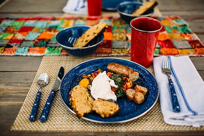 GSI Outdoors Sierra Enamel Table Set for Four with Bowls, Plates and Cups for Camping