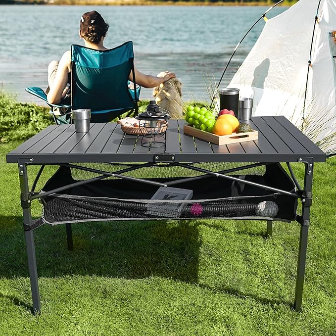 Folding Camping Table, Aluminum Roll-up Table with Storage Net and Carrying Bag, Outdoor Lightweight Camp Table for Picnic, Camping, Beach,Backyard, BBQ, Party, Patio