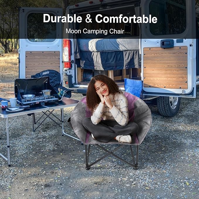 Northroad Folding Compact Camping Moon Chair, Outdoor Padded Saucer Round Chair w/Cup Holder Supports up to 300 lbs for Beach Hiking Fishing Picnic Lawn,Purple&Grey