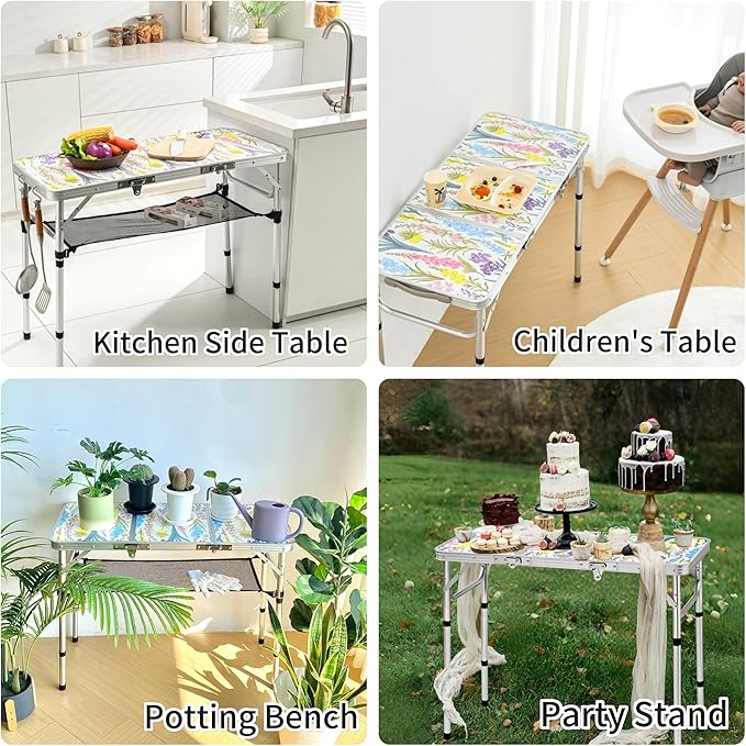 Folding Camping Table 3ft Portable Pinic Table Adjustable Height Small Card Table Aluminum Foldable Lightweight with Carry Handle for Outdoor Indoor Hiking Camp BBQ Beach (Blooming Floral)