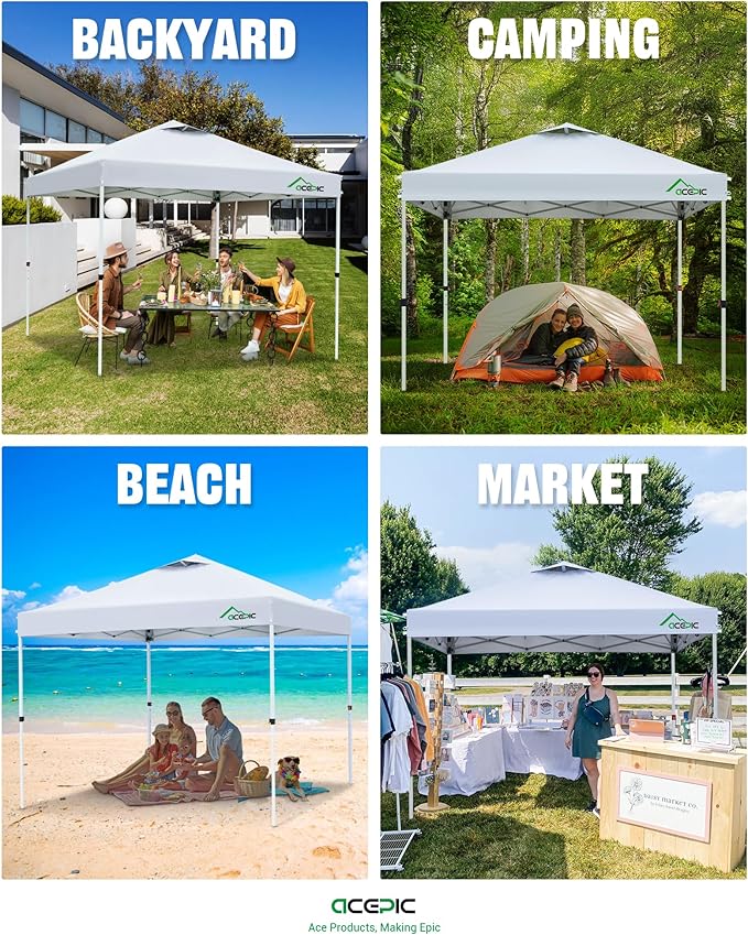 10x10 Pop Up Canopy Tent, One Push Instant Outdoor Gazebo with Vented Top, Upgraded 300D Silver Coated Sun Shade for Parties Camping Vendor, Includes Wheeled Bag and 4 Sandbags, White