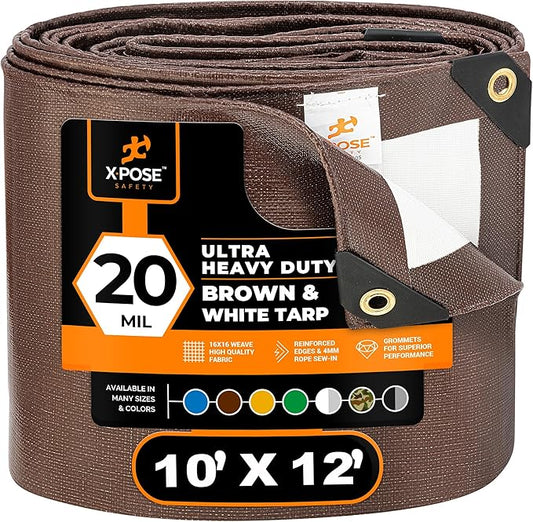 xpose safety 10' x 12' Brown/White Ultra Heavy Duty Tarp - 20 Mil Tarps Heavy Duty Waterproof 10x12 - Large Outdoor Tarp,Waterproof Tarp Cover Rain Camping,Tent Tarp,UV Protection,Reinforced Corners