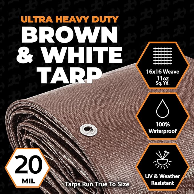 12' x 16' Brown/White Ultra Heavy Duty Tarp - 20 Mil Tarps Heavy Duty Waterproof 12x16 - Extra Large Outdoor Tarp, Waterproof Tarp Cover for Rain Camping, Tent Tarp, UV Protection, Reinforced Corners