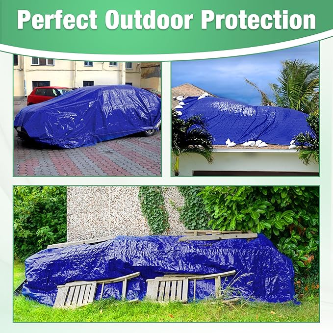 CoverUp 13x16 Feet Tarp, 11 Mil Thick Heavy Duty Tarp Waterproof, 65 FT Rope for Fastening - UV-Resistant, Tear-Proof Cover with Grommets for Rain, Roof, RV, Camping, Pool, Outdoor Protection, Blue
