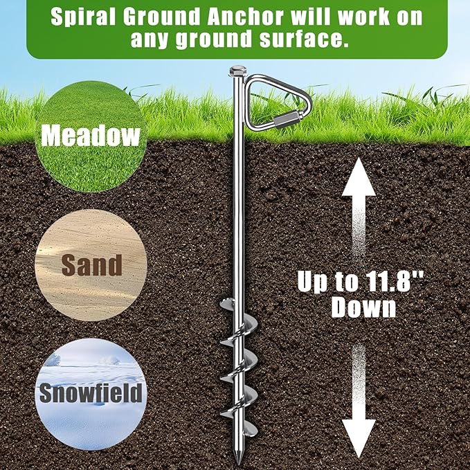 14" Ground Anchors with Chrome-Plated, Heavy-Duty for Trampolines, Tents, Mobile Homes, Swing Sets, Carports and Sheds with Reinforced Triangular Bracket for High Wind Resistance (4 Pack)