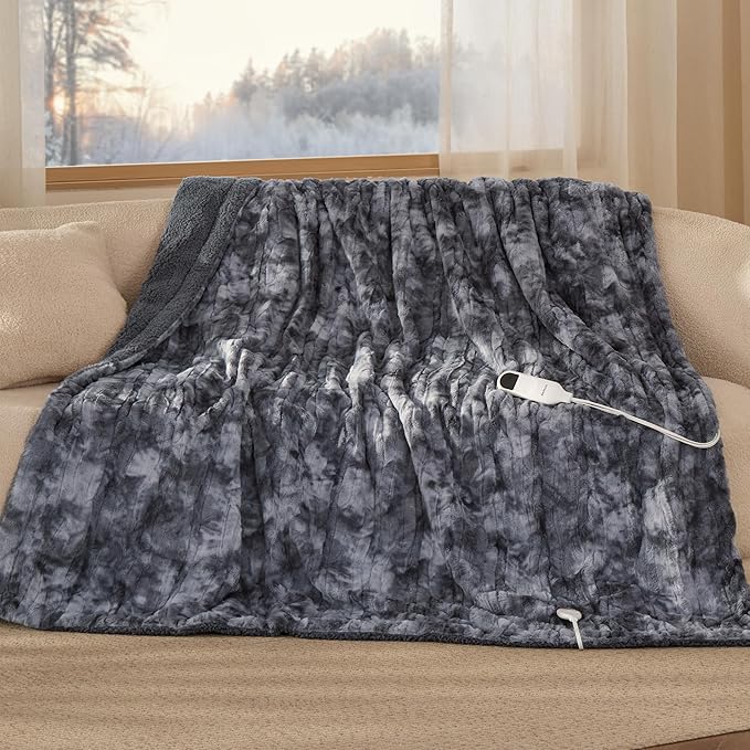 Bedsure Faux Fur Heated Blanket Twin Size, Fast Heating Electric Blanket Twin Size with 6 Heating Levels & 10 Time Settings, Cozy Gifts for Women Men (62x84 inches, Grey)