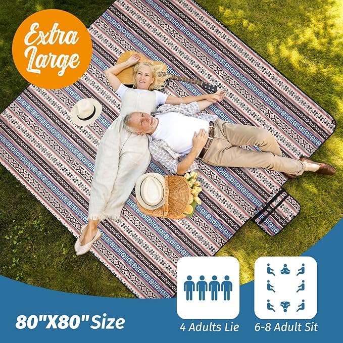 Picnic Blankets Extra Large Outdoor - Beach Blanket Waterproof Sandproof with Shoulder Strap, Machine Washable, Picnic Mat with Stakes for Grass Concert, Park.BohoPattern