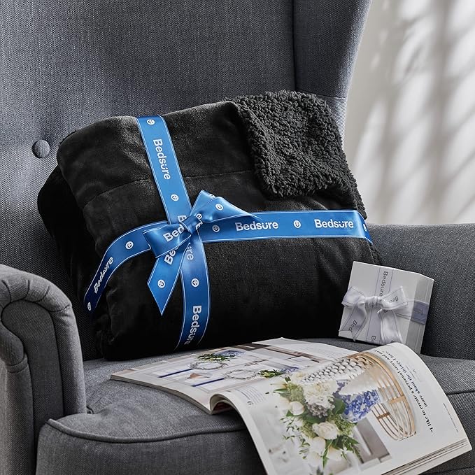 Bedsure GentleSoft Sherpa Fleece Blankets Queen Size for Bed - Thick and Warm, Soft Fuzzy Plush Queen Blanket for Winter, Black, 90x90 Inches