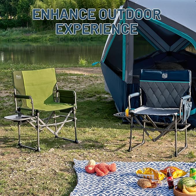Timber Ridge Aluminum Camping Directors Chair with Side Table Pocket, Portable Folding Chair, Heavy Duty Lawn Chair for Fishing Trip Picnic Concert Outdoor 400lbs, Green
