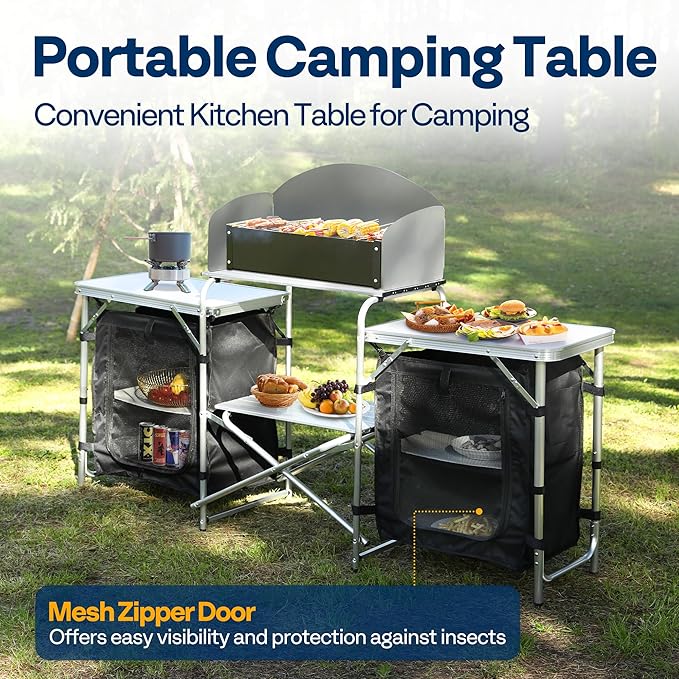 VIVOHOME Folding Camping Kitchen Station Table with Storage Organizer, 2 Side Tables, Stainless Steel Windscreen, Outdoor Portable Cook Station for BBQ, Picnics