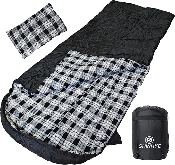 ShinHye 0 Degree Sleeping Bag for Adults - Cotton Flannel 4 Season Cold Weather Winter, XXL Big and Tall Camping Sleeping Bag with Compression Sack
