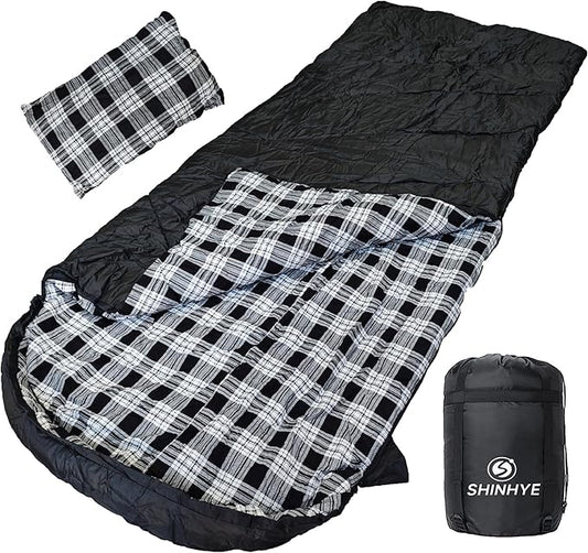 ShinHye 0 Degree Sleeping Bag for Adults - Cotton Flannel 4 Season Cold Weather Winter, XXL Big and Tall Camping Sleeping Bag with Compression Sack