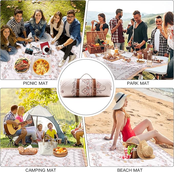 Boho Picnic Mat, 79" x 79" Extra Large Outdoor Picnic Blanket, Washable Foldable Portable Blanket for Beach/Camping/Concerts