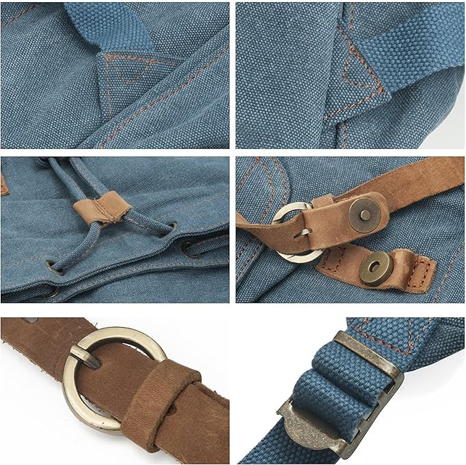 HuaChen Vintage Canvas Travel Backpack with Leather Trim, Laptop Padded Sleeve, Hidden Back Security Pocket, Fits 14-Inch, M32 Blue