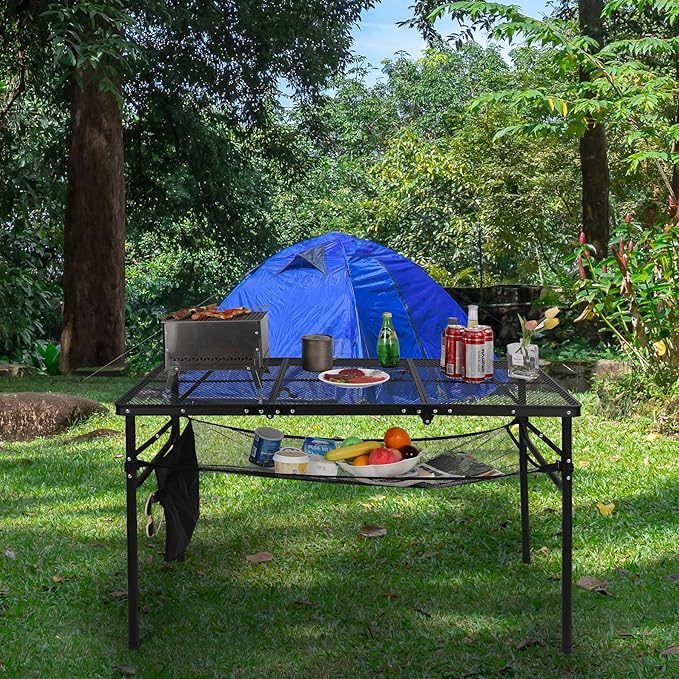 REDCAMP 48x24 Long Folding Grill Table for Outside, Lightweight Portable Double Layer Metal Aluminum Outdoor Grill Table with Adjustable Height Legs, Great for Camping Picnic Cooking BBQ, Black 4ft