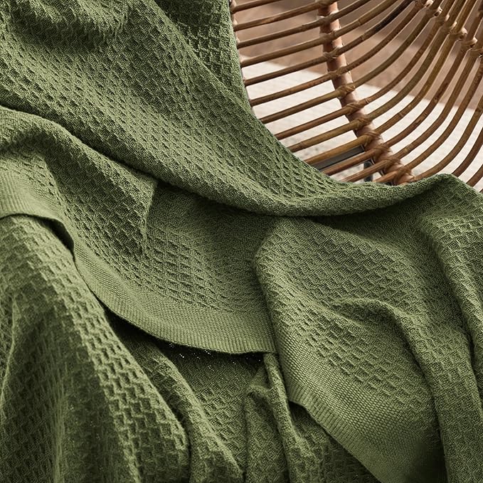 Bedsure Gentlesoft 100% Cotton Large Blanket Oversized King for Bed - Breathable Thick Waffle Weave Blanket for Summer, Couch Cover, Olive Green, 120x94 inches