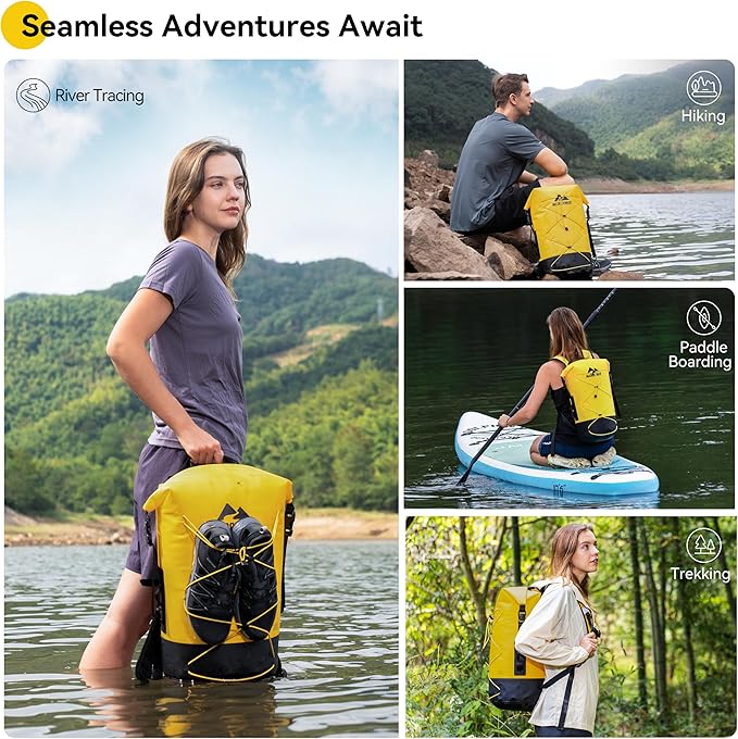 MARCHWAY Floating Roll Top Dry Bag, Flexible Lightweight TPU Waterproof Backpack 20L/30L/40L with Padded Straps for Boating, Kayaking, Swimming, Hiking, Beach (Yellow, 20L)