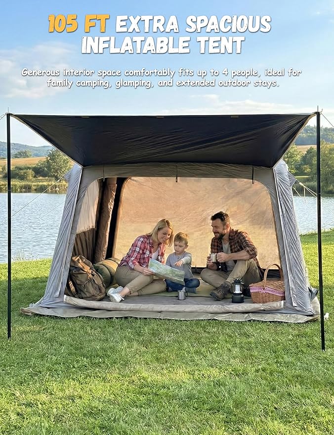 Blackout Inflatable Camping Tent with Awning, Waterproof Oxford Fabric Air Tent, Quick Setup Blow Up Tent with Hand Pump, 4 Person 4-Season Tent with 3x3M Ground Tarp for Camping Glamping