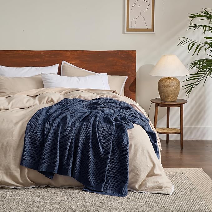 Bedsure Gentlesoft 100% Cotton Blanket Twin XL Size for College Dorm - Breathable and Soft, Waffle Weave Twin Blanket for Summer, Dorm Room Essentials, Pageant Blue, 66x90 inches