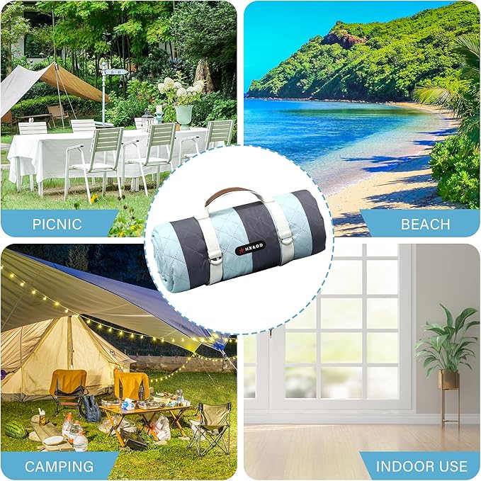 HX&OD Outdoor Picnic Blanket Extra Large, 80''*60'' Waterproof Picnic Mat with Stakes Foldable Camping Blanket Portable with Carry Strap for Beach Mat (Green& White, 80''*60'')