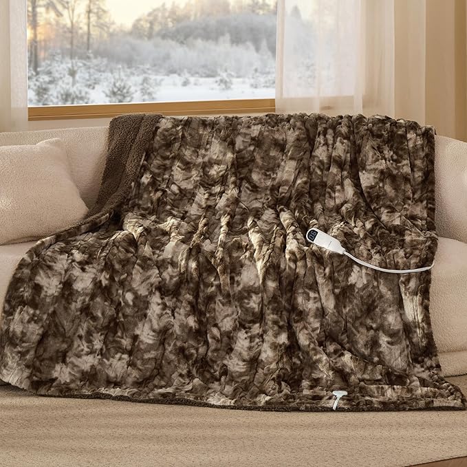 Bedsure Faux Fur Heated Blanket Twin Size, Fast Heating Electric Blanket Twin Size with 6 Heating Levels & 10 Time Settings, Cozy Gifts for Women Men (62x84 inches, Dark Chocolate)