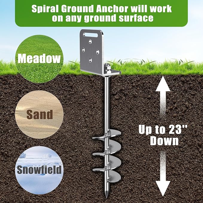 2/4/6 Pack 18" 24" Screw in Trampoline Ground Anchors 2.7" Wide Spiral Mobile Home Earth Anchor Stakes Set with Versatile L Bracket Swingset Anchors for Playset, Fence, Tent, Shed, Canopy, Carport