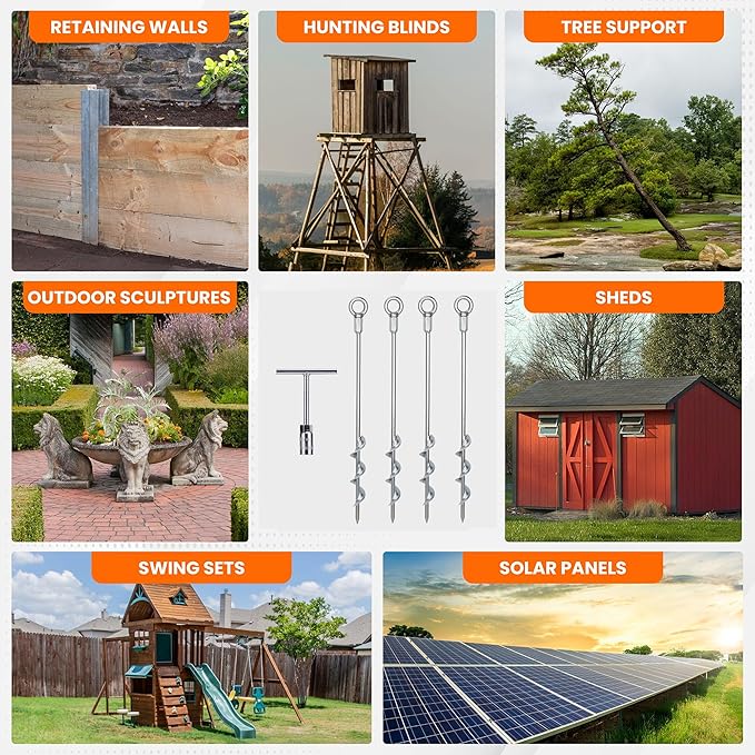 Earth Anchors - 18" Set of 4 Heavy Duty Ground Stakes - Screw in Anchors for Mobile Homes, Sheds, Swing Sets, Trees, Awnings & Canopies - Includes Drill Bit