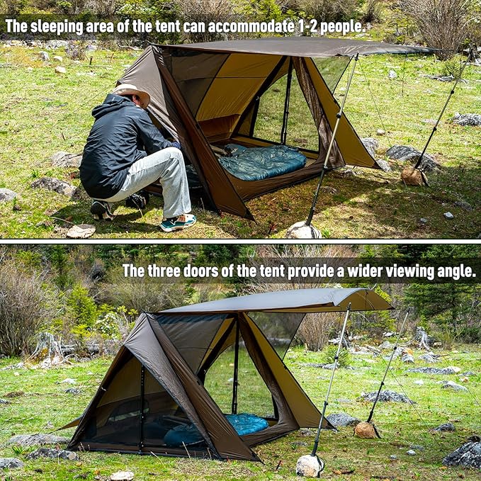 POMOLY Bushcraft Shelter Trekking Pole Tent 20D Nylon Ripstop, STOVEHUT Ultralight Backpacking Tent with Porch for Camping Hiking