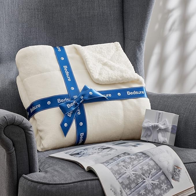 Bedsure GentleSoft Sherpa Fleece Blankets Queen Size for Bed - Thick and Warm, Soft Fuzzy Plush Queen Blanket for Winter, Cream, 90x90 Inches
