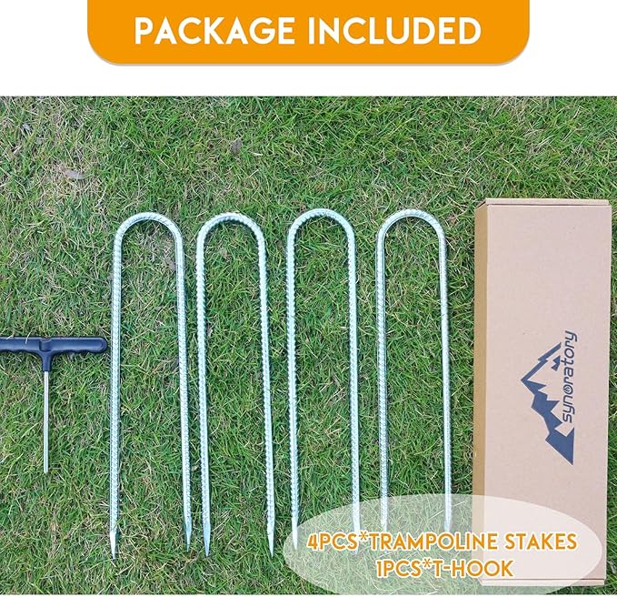 Trampolines Wind Stakes Heavy Duty U Type Sharp Ends 12inch Safety Ground Anchor Galvanized Steel for Soccer Goals, Camping Tents and Huge Garden Decoration (Trampoline Stakes 4pcs)
