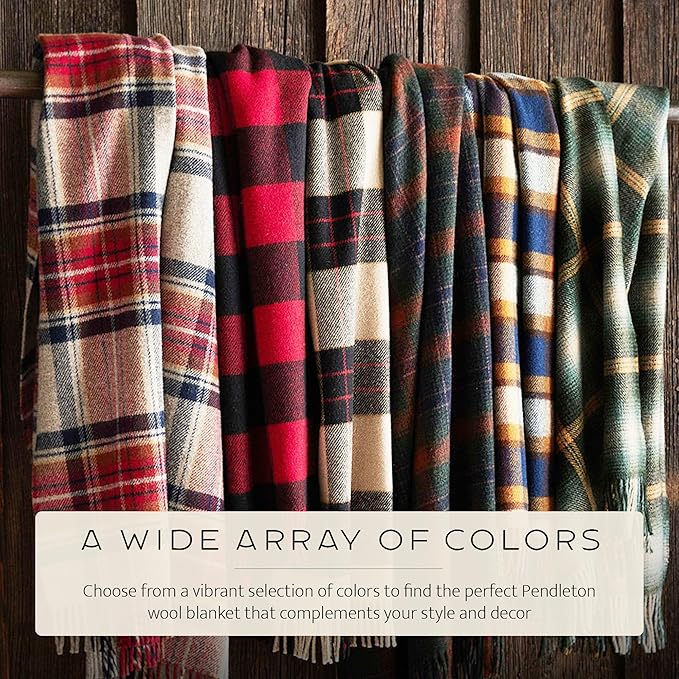 Pendleton Wool Blanket - Camping Blanket with Leather Strap Carrier - Plaid, Soft, Virgin Wool, Backpacking Blanket for Warmth and Comfort, Outdoor Adventures, Travel, Picnics, and Cozy Home Comfort