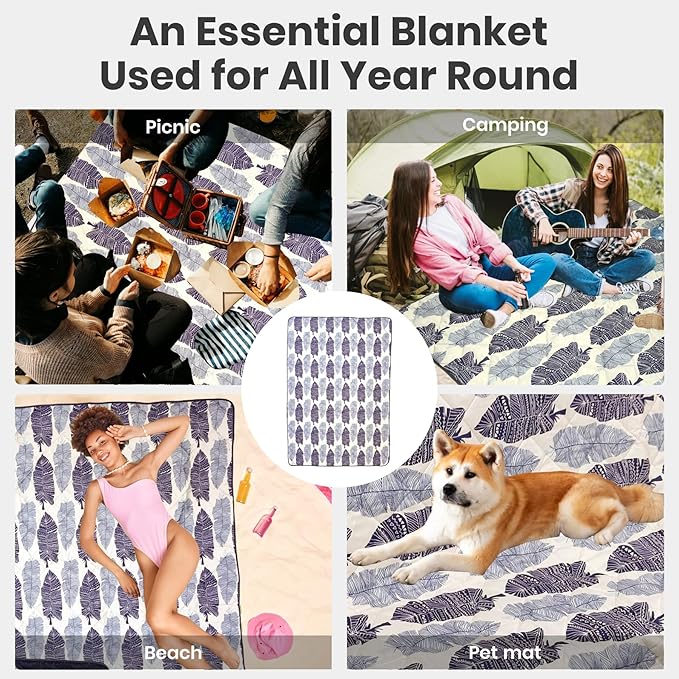 Waterproof Outdoor Blanket, 79" x 55" Large Packable Picnic Blankets, Foldable Picnic Mat for Park, Lawn, Grass, Beach, Concert (Ethnic Feather)