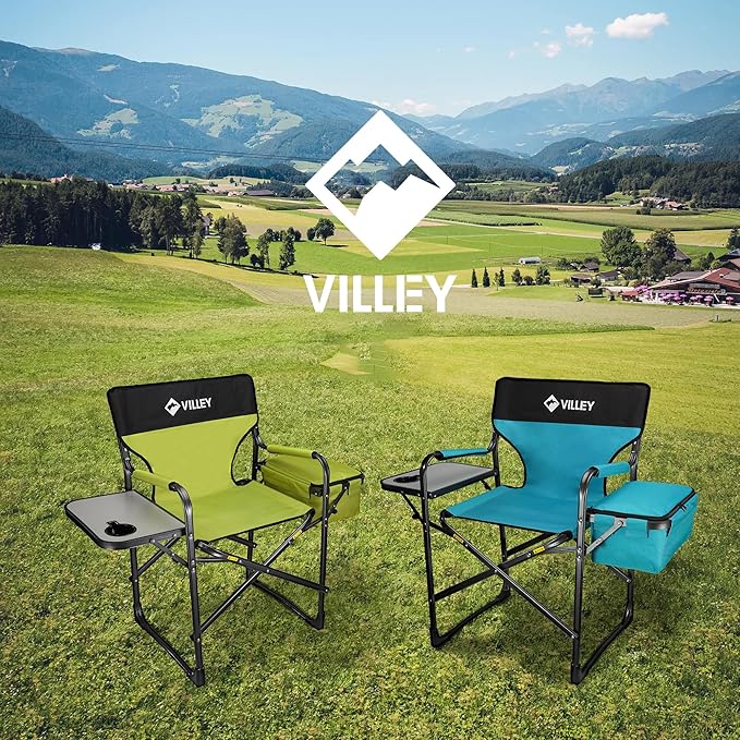 VILLEY Heavy Duty Directors Chair, Folding Camping Chairs, with Cooler Bag Portable Foldable Chair, for Camp Tailgating Lawn Picnic Fishing Beach, Supports 400 LBS, Blue