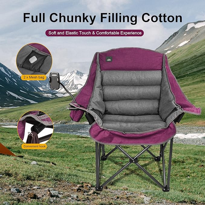 Northroad Oversized XL Padded Camping Chair w/Cell Phone Holder, Large Camp Lounge Chair, Foldable Lawn Chair w/Cup Holder,Carry Bag for Outdoor Hiking, Beach, Picnics, Heavy-Duty 400-lbs Capacity