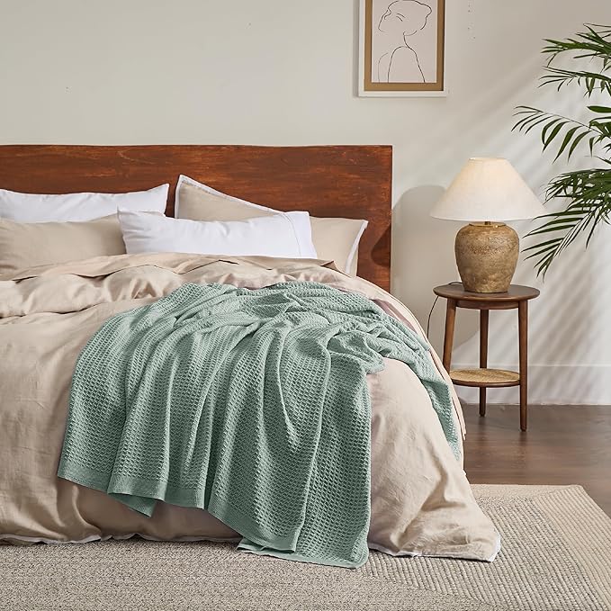 Bedsure Gentlesoft 100% Cotton Blanket King Size for Bed - Breathable and Soft, Waffle Weave Blanket for Summer, Thick Cozy Fall Blankets for Women Gift, Sage Green, 104x90 inches