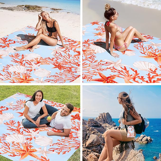 Beach Blanket, Waterproof Sandproof Beach Blanket with 4 Stakes & 4 Pockets, 78''×86'' Large Compact Lightweight Sand Free Outdoor Mat Essentials for Camping, Travel, Hiking