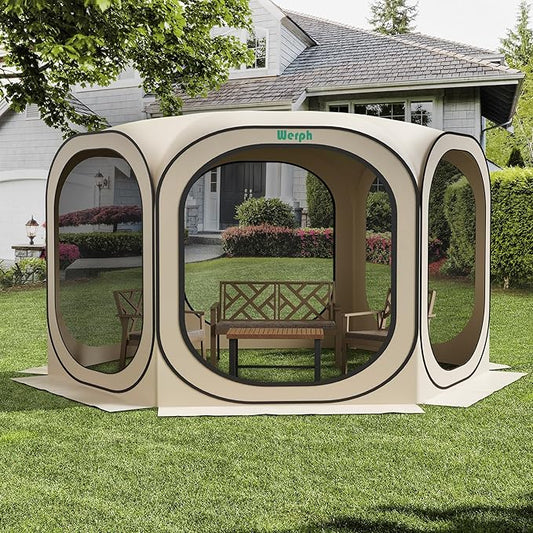 Pop Up Screen Tent Canopy, Portable Screen Canopy with Mosquito Net, Outdoor Screen Room Tent 12 x12 FT with Carry Bag for Lawn & Garden, Parties,Beige