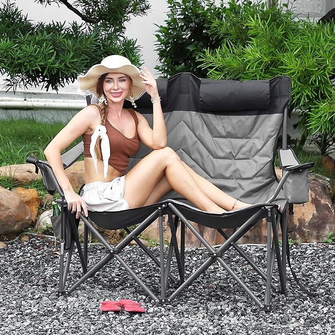 Oversized Double Camping Chairs, Heavy Duty Padded Loveseat Chair - 900Lbs Support for Adult - Comfortable Camping Chair with High Back & Pillow