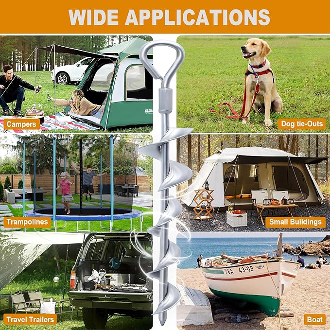 Ground Anchors Screw in 15 Inch, 4Pack Tent Stakes Heavy Duty with T-Handle Hex Wrench and Power Nut Driver